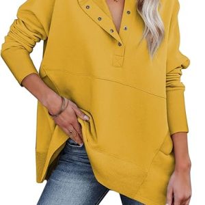 Womens Casual Tunic Button Down V Neck Hoodies Oversized Pullover Sweatshirts Hooded Tops with Pockets