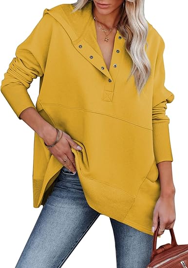 Womens Casual Tunic Button Down V Neck Hoodies Oversized Pullover Sweatshirts Hooded Tops with Pockets