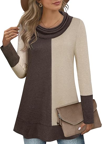 Women's Hoodie Sweatshirt Long Sleeve Cowl Neck Pullover Color Block Thin Tunic Top