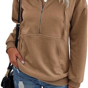 Women's Casual Long Sleeve Lapel Zipper Sweatshirt Drawstring Loose Pullover Tops