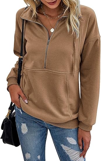 Women's Casual Long Sleeve Lapel Zipper Sweatshirt Drawstring Loose Pullover Tops